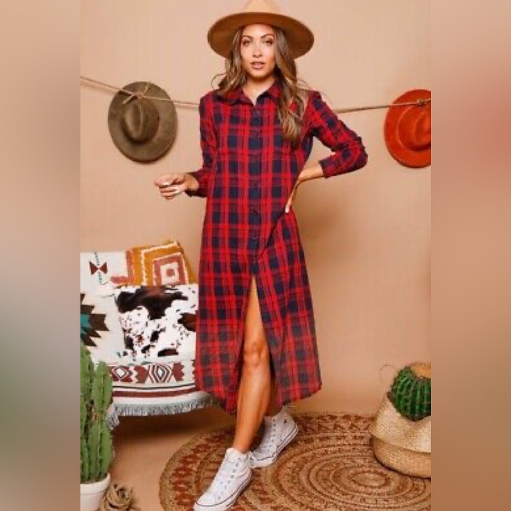 Buffalo Plaid Red and Navy Duster/ Button Up Dress S-L